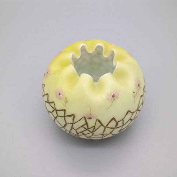 Antique Satin Glass Rose Bowl Vase Yellow Satin Hand Painted Flowers est. 1890 - Picture 3 of 6